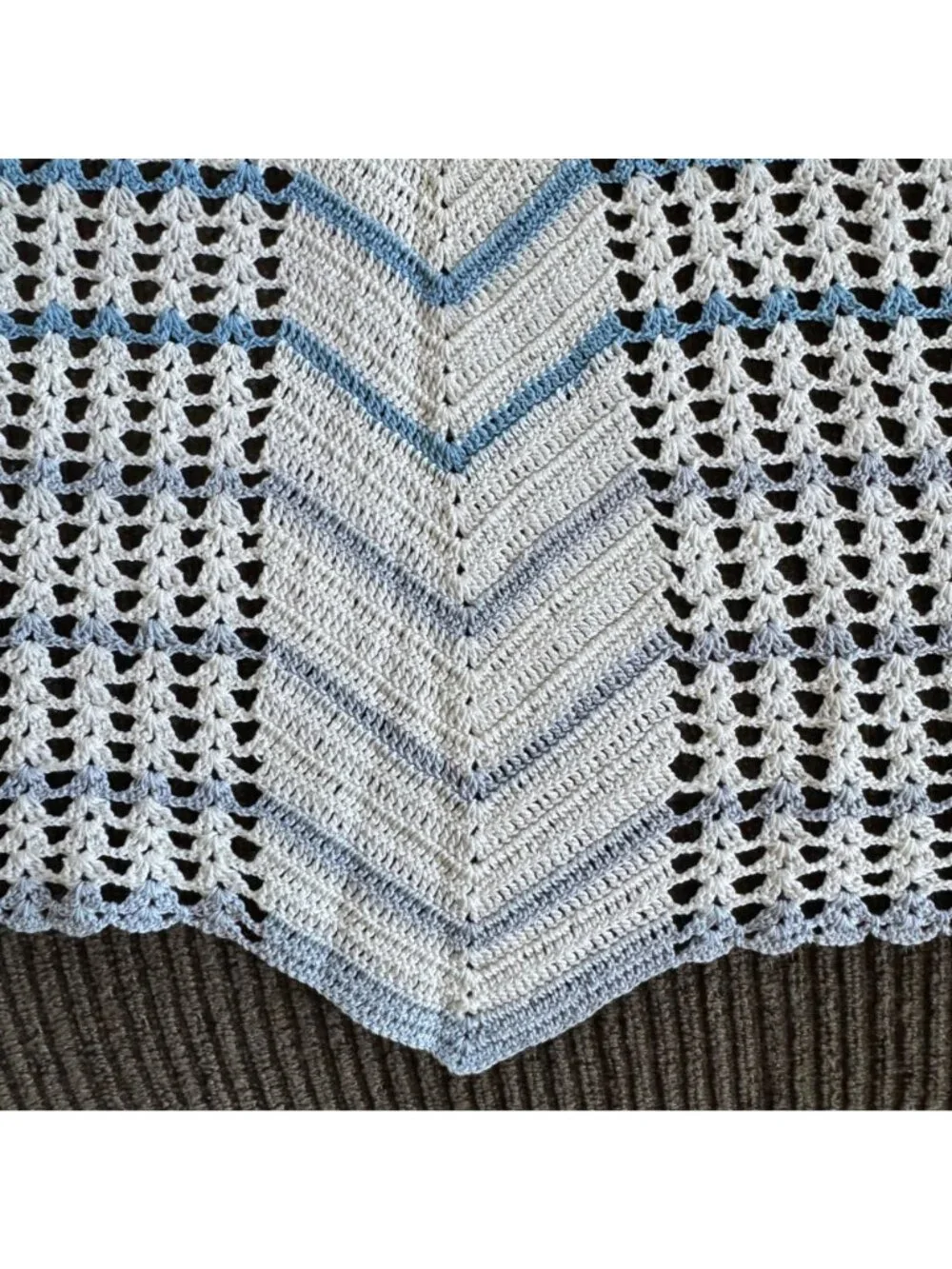 Vintage Hand-Crocheted Crochet Half Apron Blue & White Chevron Pattern